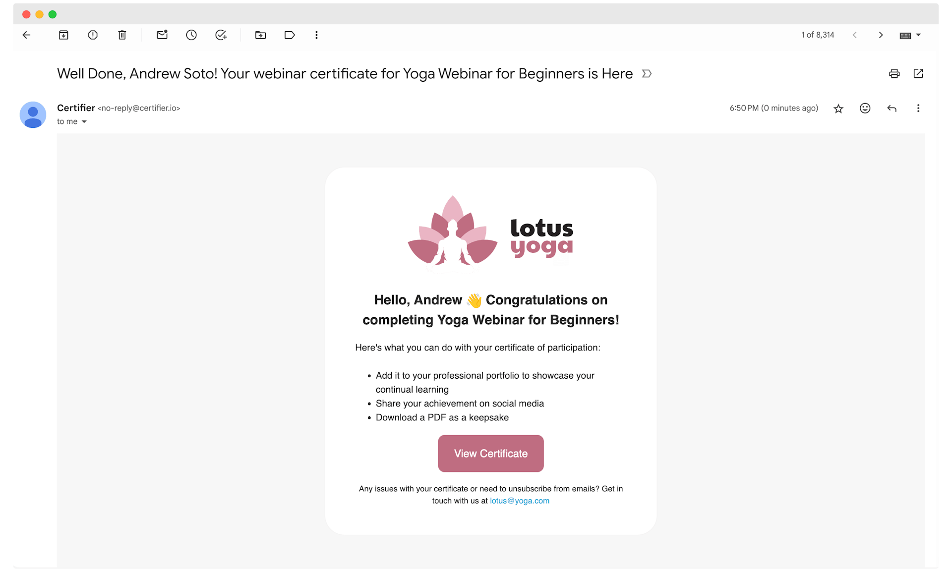 Email for sending webinar certificates generated in Certifier for yoga course with subtle colors and CTA button at the center.